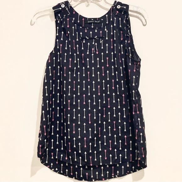 Sweet Rain Size S Navy Sheer Sleeveless V-Neck Printed Top - Picture 1 of 9